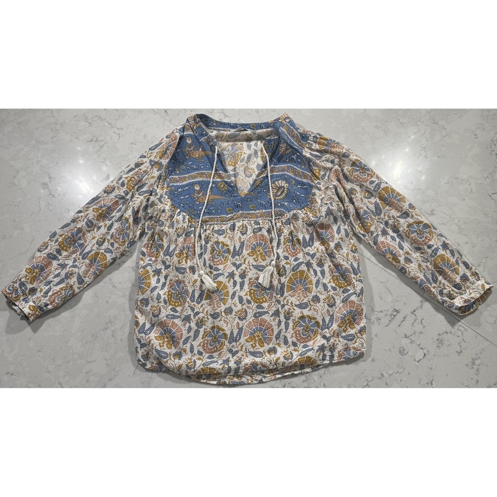 Lucky Brand Printed Evelyn Peasant Top Womens Medium Blue Yellow Boho Blouse